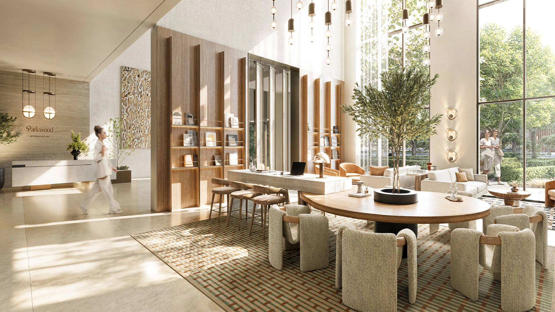 Lounge space with neutral décor and relaxing views of greenery